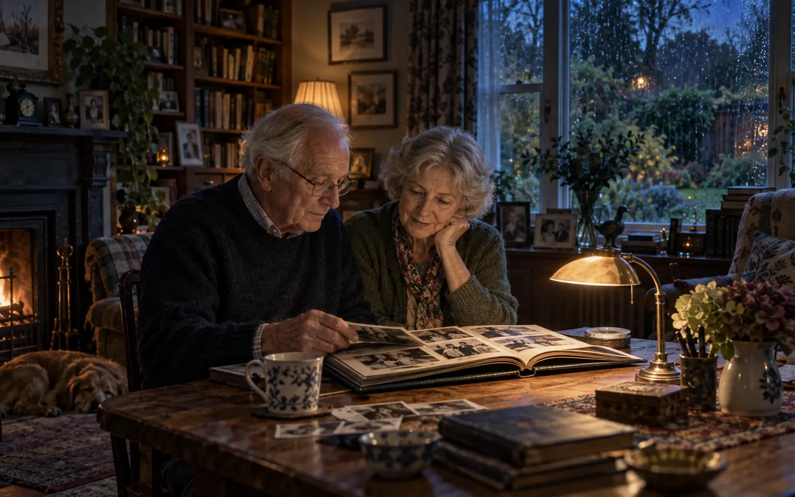 An older couple reflecting over a family photograph album in a warmly lit room