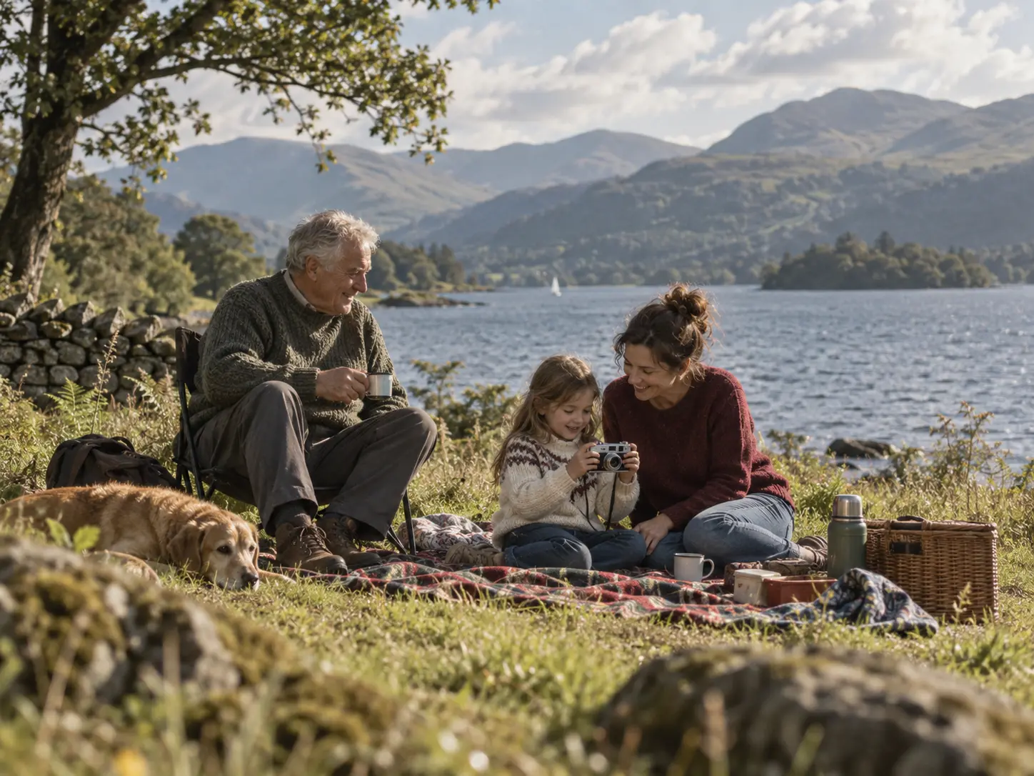 A family sharing a camera beside a lake