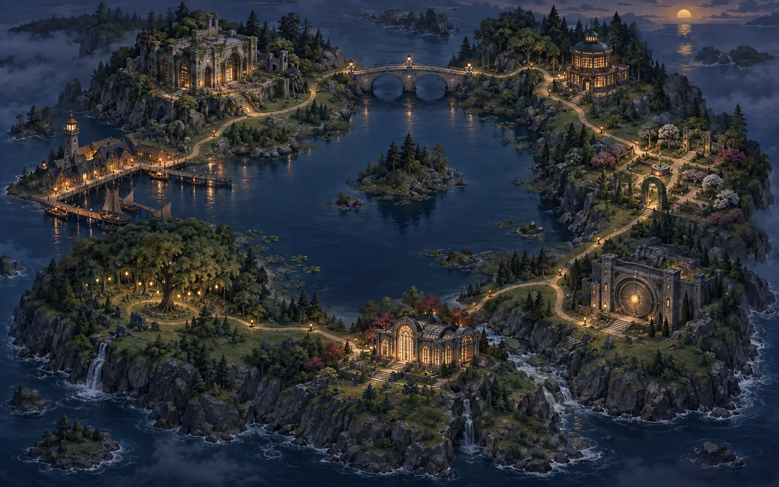 A lantern-lit island containing an archive, harbor, library, bridge, gardens, grove, vault and restoration hall